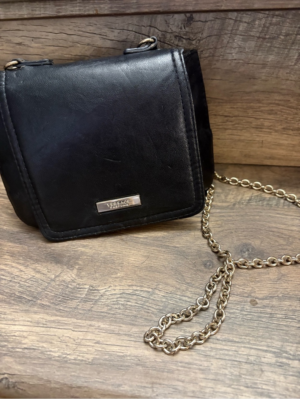 Versace Mini Black Leather Crossbody with Gold Chain Strap